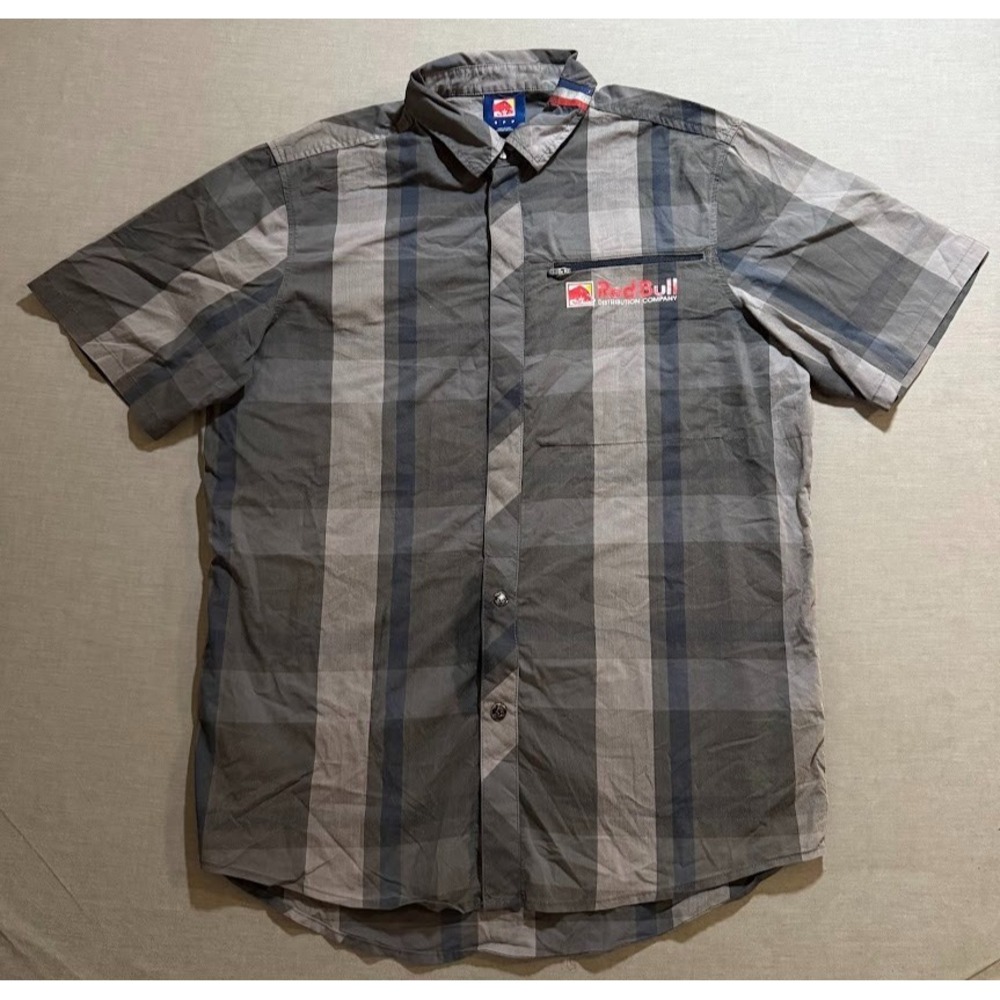 Red Bull Shirt Adult Small Beige Plaid Logo Button Up Short Sleeve Casual‎ Mens.